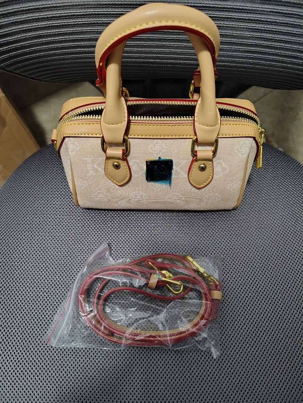 Brand New Beige Canvas and Tan Faux Leather Mini Satchel Bag with Red Trim